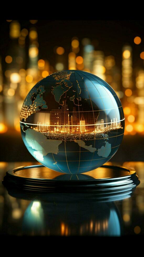 Business charts set behind a glowing glass globe with emanating light rays Vertical Mobile Wallpaper AI Generated photo