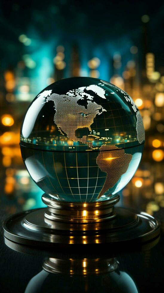 Business charts set behind a glowing glass globe with emanating light rays Vertical Mobile Wallpaper AI Generated photo