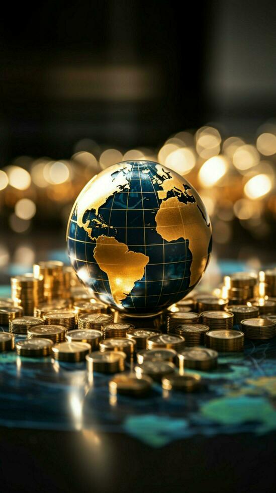 Closeup view of a glass world ball, gold coins, and a bank passbook symbolizing global finance Vertical Mobile Wallpaper AI Generated photo