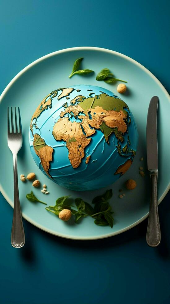A blue background complements a plate featuring a globe and a fork Vertical Mobile Wallpaper AI Generated photo