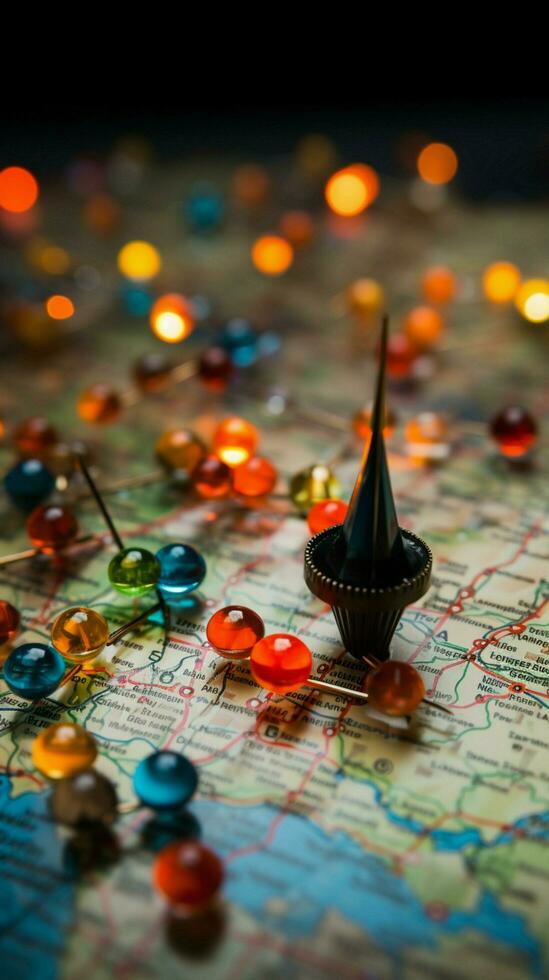 Colorful pins up close, adorning geographical maps for reference and navigation Vertical Mobile Wallpaper AI Generated photo