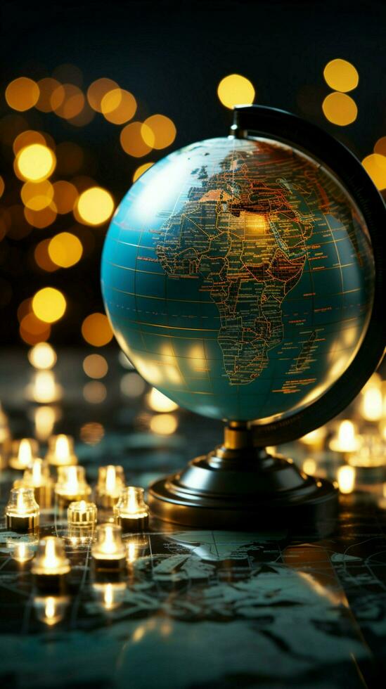 Detailed close up featuring a glass globe and financial report Vertical Mobile Wallpaper AI Generated photo