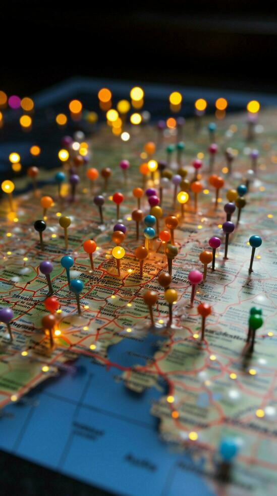 Detailed map with a rainbow of pushpins pointing towards meticulously planned destinations Vertical Mobile Wallpaper AI Generated photo