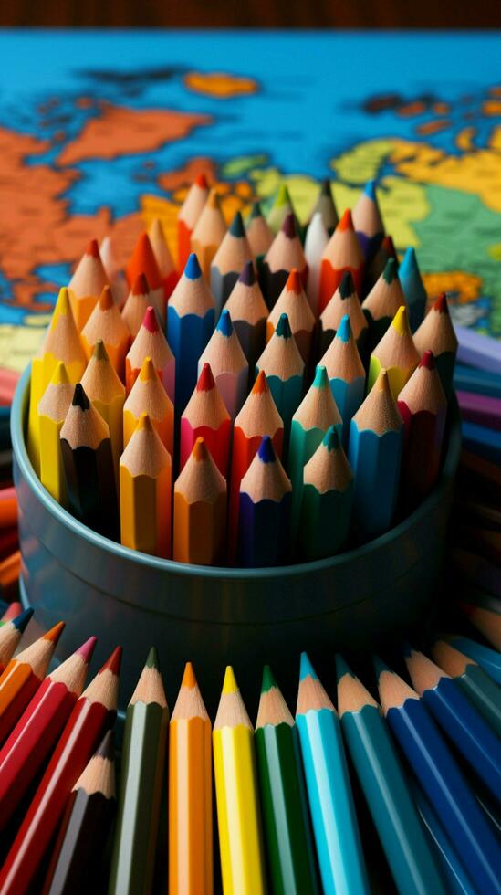 Diverse hues of color pencils encircle a vibrant and colorful globe Vertical Mobile Wallpaper AI Generated photo