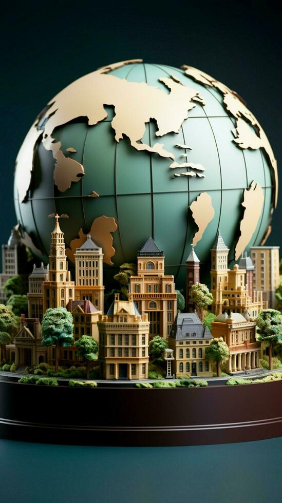 Earth globe with paper style design featuring intricate miniature buildings Vertical Mobile Wallpaper AI Generated photo