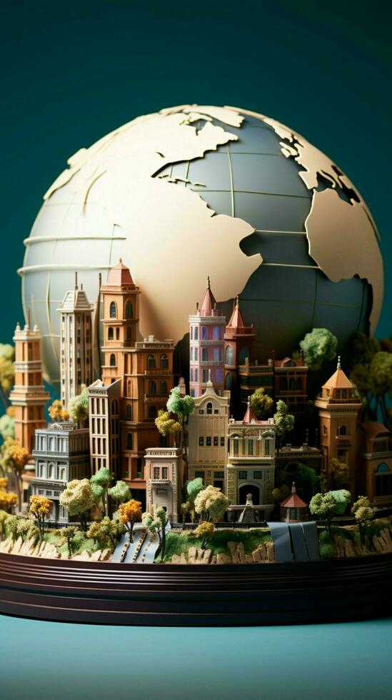 Earth globe with paper style design featuring intricate miniature buildings Vertical Mobile Wallpaper AI Generated photo