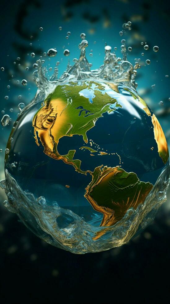 Earth takes form as a globe with transparent water and dynamic splashes Vertical Mobile Wallpaper AI Generated photo