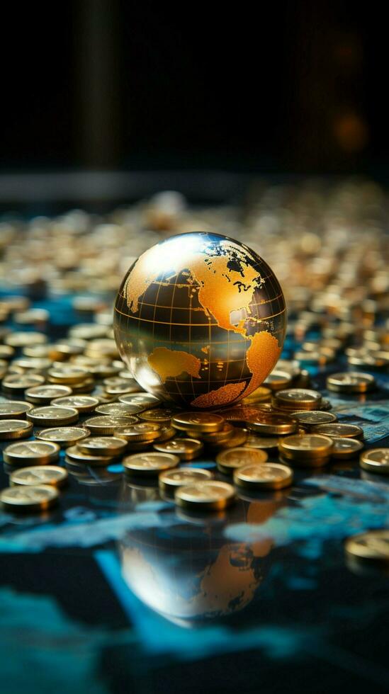 un cerca arriba perspectiva presentando un vaso mundo pelota, oro monedas, y un banco libreta de depósitos en un global negocio y financiero contexto vertical móvil fondo de pantalla ai generado foto