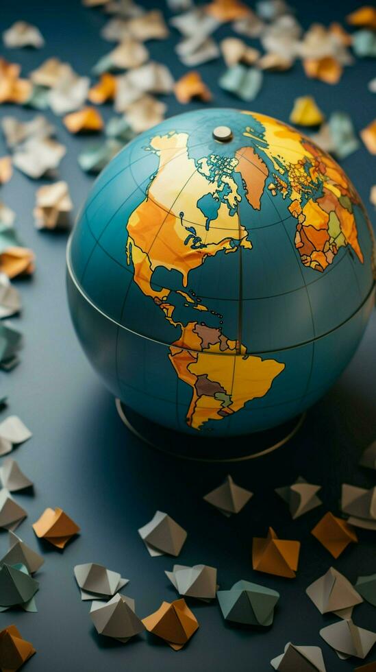 Flat lay view of a globe and paper sheets Vertical Mobile Wallpaper AI Generated photo