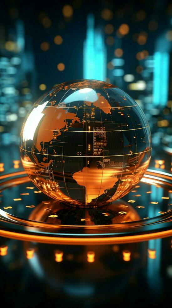 Futuristic 3D rendering Glowing orb with financial symbols, a digital financial world Vertical Mobile Wallpaper AI Generated photo