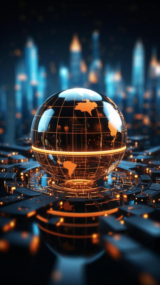 Futuristic 3D rendering Glowing orb with financial symbols, a digital financial world Vertical Mobile Wallpaper AI Generated photo