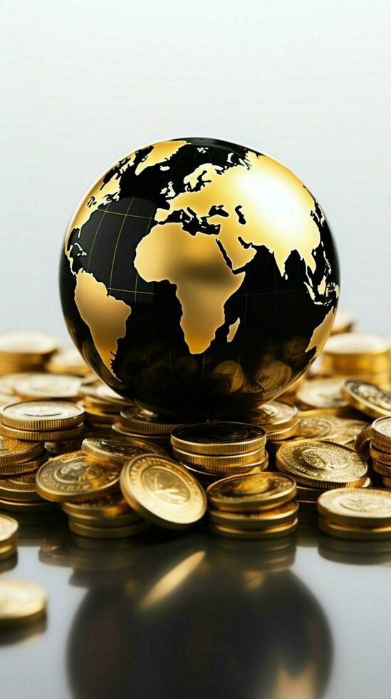 Gleaming gold coins surround a black and gold globe on a white background Vertical Mobile Wallpaper AI Generated photo