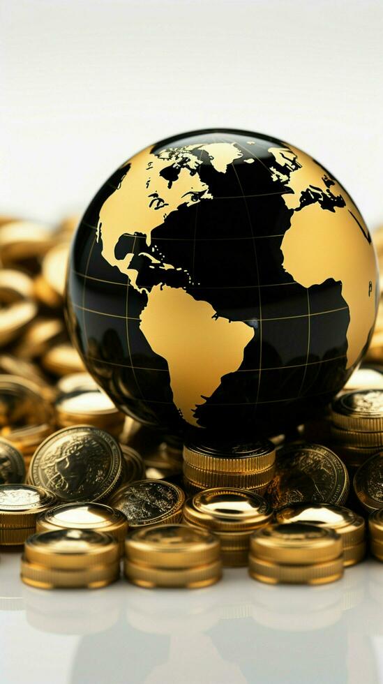 Gleaming gold coins surround a black and gold globe on a white background Vertical Mobile Wallpaper AI Generated photo