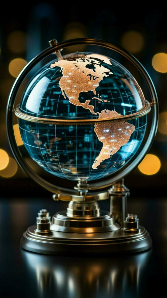 A crystal globe encased in stock data, a fusion of finance and world Vertical Mobile Wallpaper AI Generated photo