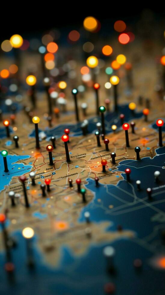 Intricate close up of maps dotted with a spectrum of vibrant marking pins Vertical Mobile Wallpaper AI Generated photo