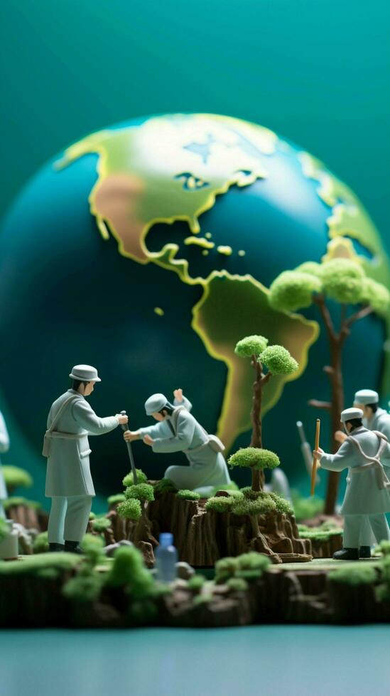 Miniature doctors and nurses check global health, promoting World Environment Day Vertical Mobile Wallpaper AI Generated photo