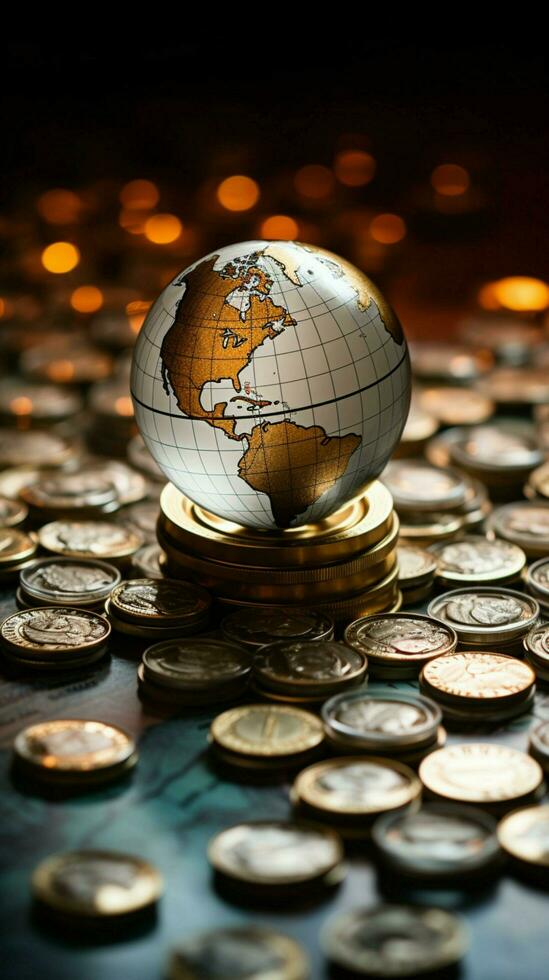 Money and world unity Coins, paper bills, and a globe on statistics Vertical Mobile Wallpaper AI Generated photo