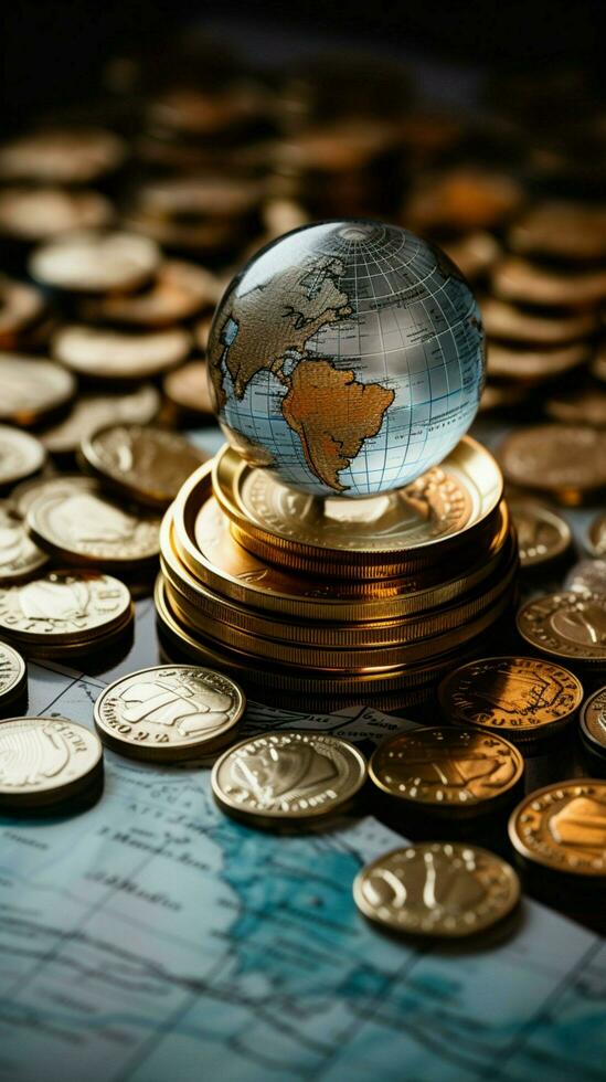 Money and world unity Coins, paper bills, and a globe on statistics Vertical Mobile Wallpaper AI Generated photo
