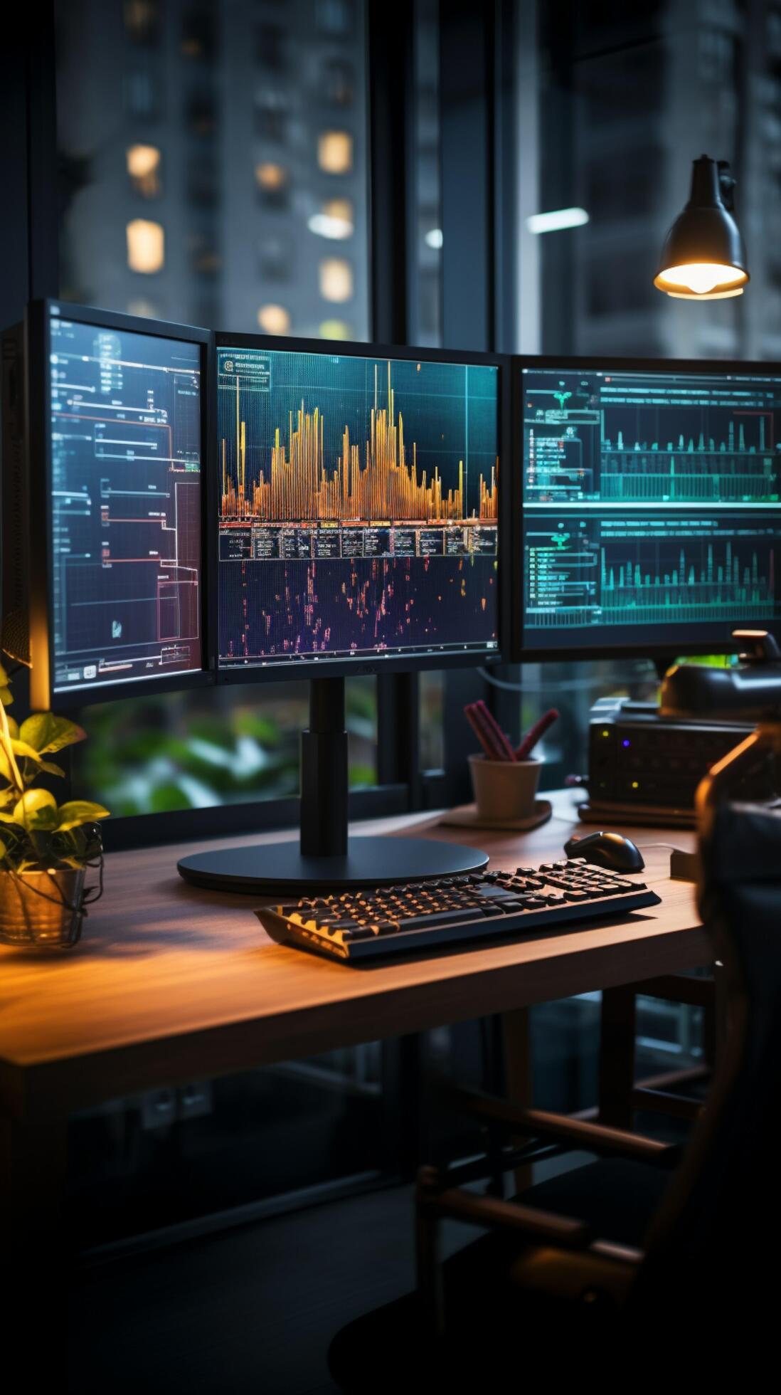 Trading room with glass walls, desk, computer, charts, and stock market