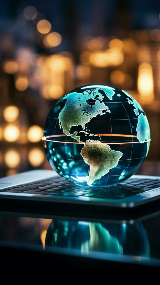 A glass globe on a laptop symbolizes a global business perspective Vertical Mobile Wallpaper AI Generated photo