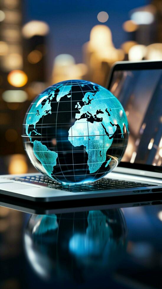 A glass globe on a laptop symbolizes a global business perspective Vertical Mobile Wallpaper AI Generated photo