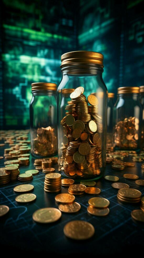 Trading graph backdrop accentuates coins securely nestled inside glass bottles Vertical Mobile Wallpaper AI Generated photo