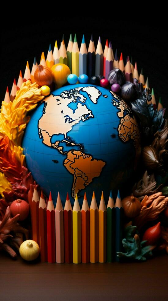 Various shades of color pencils frame a vibrant and worldly globe Vertical Mobile Wallpaper AI Generated photo