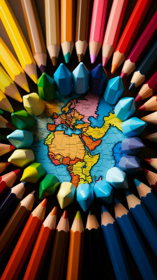 Various shades of color pencils frame a vibrant and worldly globe Vertical Mobile Wallpaper AI Generated photo