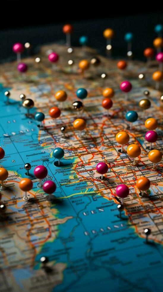 Vibrant pushpins mark various planned destinations on a colorful and detailed map Vertical Mobile Wallpaper AI Generated photo