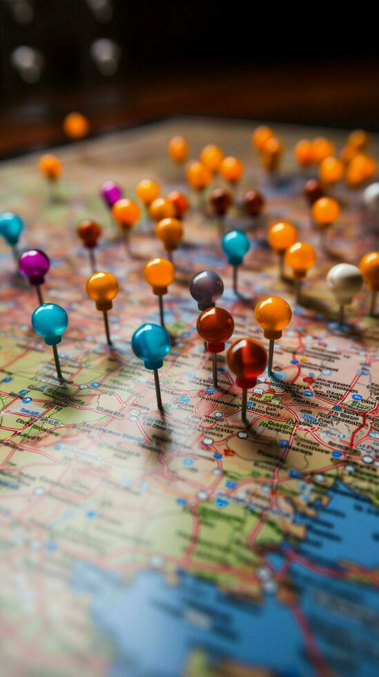 Vibrant pushpins mark various planned destinations on a colorful and detailed map Vertical Mobile Wallpaper AI Generated photo