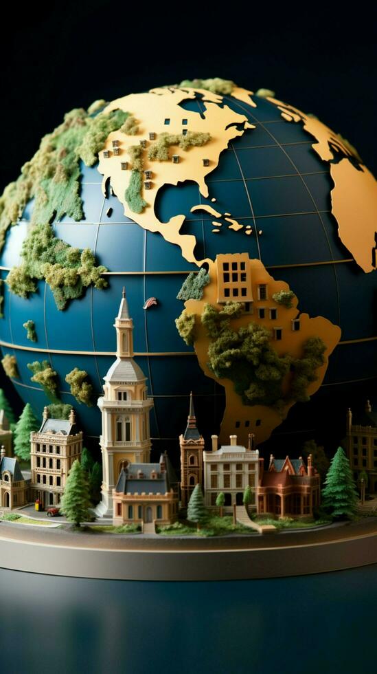 wonder Paper style Earth globe featuring intricate, tiny buildings Vertical Mobile Wallpaper AI Generated photo