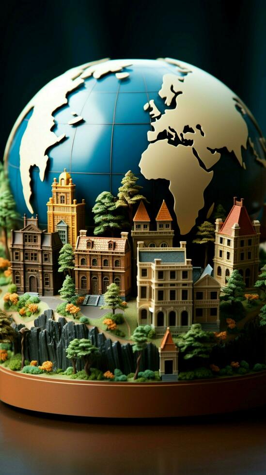 wonder Paper style Earth globe featuring intricate, tiny buildings Vertical Mobile Wallpaper AI Generated photo