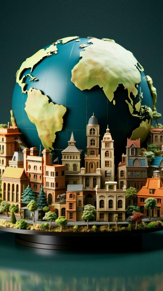 paper style Earth globe artistry with charming miniature buildings Vertical Mobile Wallpaper AI Generated photo