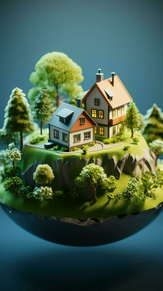 Real estate sale concept House on Earth with lush green grass Vertical Mobile Wallpaper AI Generated photo