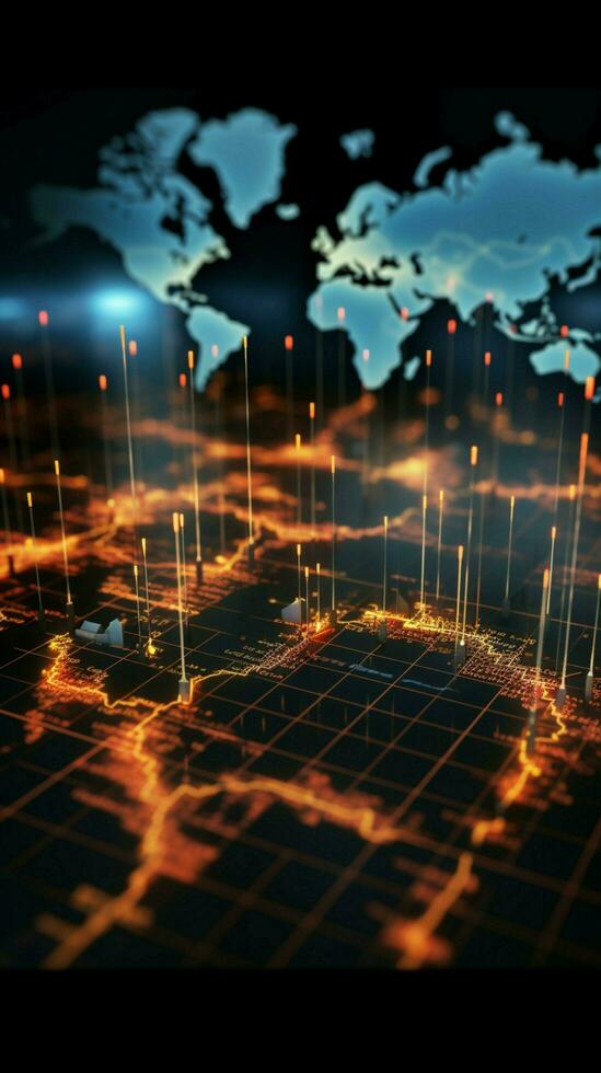 stock market forex trading graph entwined with a wireframe world map global network data Vertical Mobile Wallpaper AI Generated photo