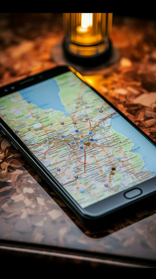 Navigation in Poland A mobile phone resting on tourist maps Vertical Mobile Wallpaper AI Generated photo