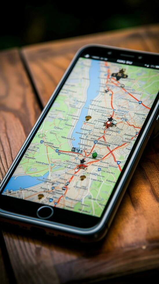Navigation in Poland A mobile phone resting on tourist maps Vertical Mobile Wallpaper AI Generated photo