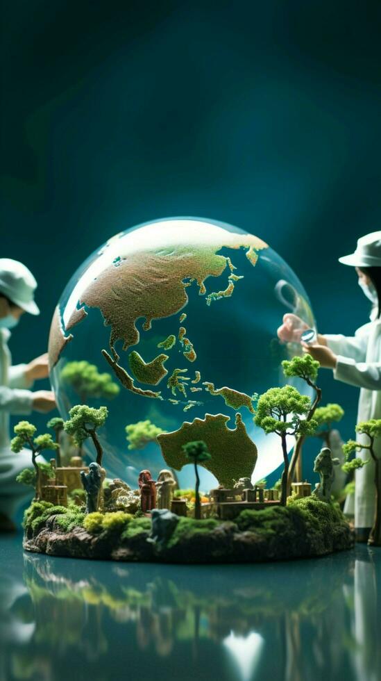 Tiny doctors and nurses inspect global health for World Environment Day Vertical Mobile Wallpaper AI Generated photo