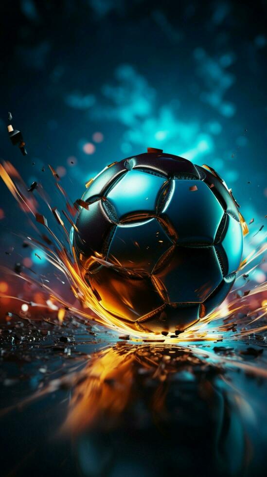 Abstract competition backdrop Soccer ball graphic on a digitally designed illuminated ground Vertical Mobile Wallpaper AI Generated photo