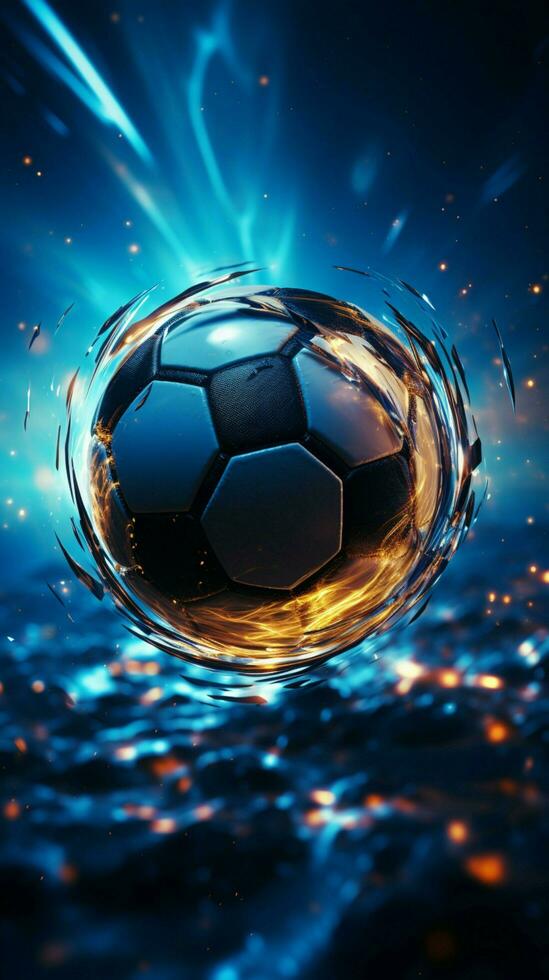 Abstract competition backdrop Soccer ball graphic on a digitally designed illuminated ground Vertical Mobile Wallpaper AI Generated photo