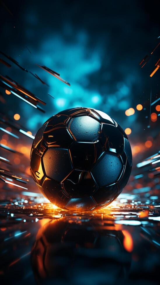 Abstract competition backdrop Soccer ball graphic on a digitally designed illuminated ground Vertical Mobile Wallpaper AI Generated photo