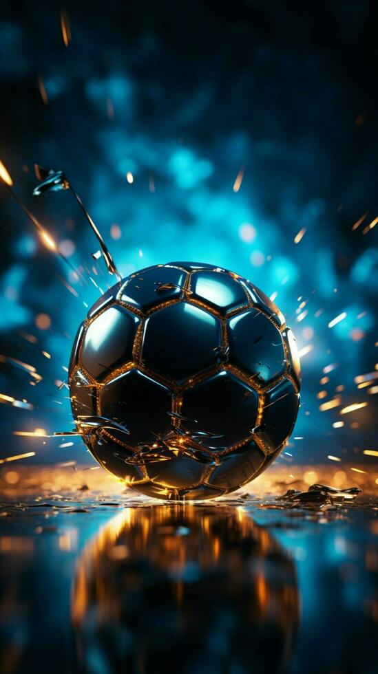 Abstract competition backdrop Soccer ball graphic on a digitally designed illuminated ground Vertical Mobile Wallpaper AI Generated photo