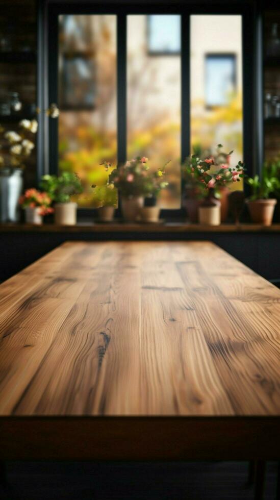 An uncluttered wooden table, offering a canvas amid a modern office Vertical Mobile Wallpaper AI Generated photo