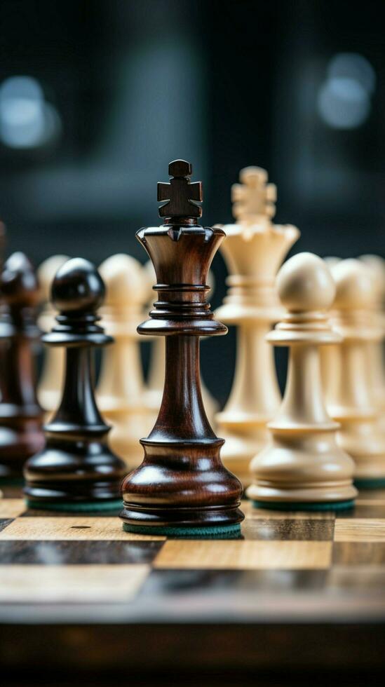Chess figures on a wooden tables side view epitomize business strategy Vertical Mobile Wallpaper AI Generated photo