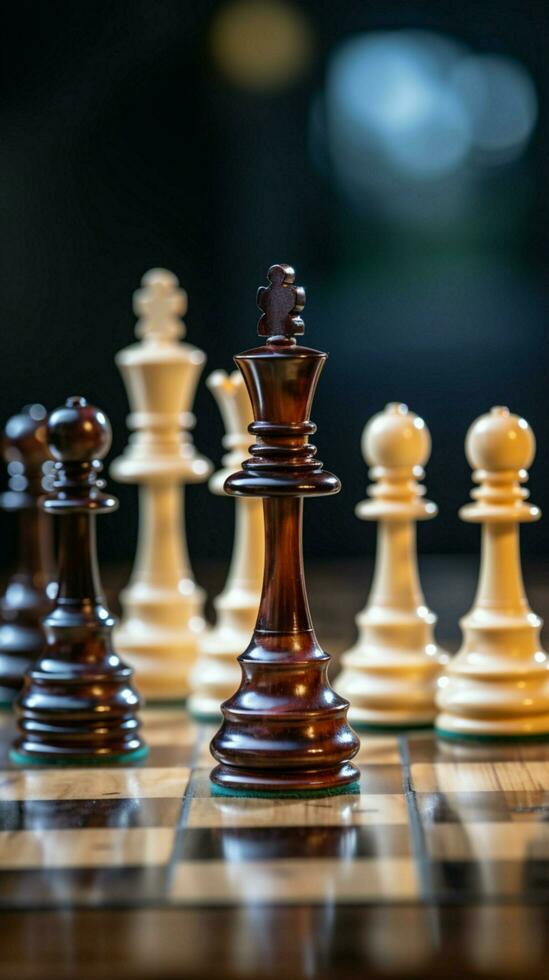 Chess figures on a wooden tables side view epitomize business strategy Vertical Mobile Wallpaper AI Generated photo