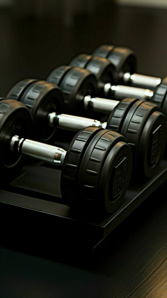 Dumbbells in varying weights, all in sleek black, perfect for versatile workouts Vertical Mobile Wallpaper AI Generated photo