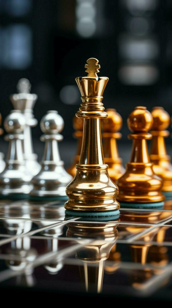 Gold and silver chess pieces grace the board, embodying business leadership metaphors Vertical Mobile Wallpaper AI Generated photo