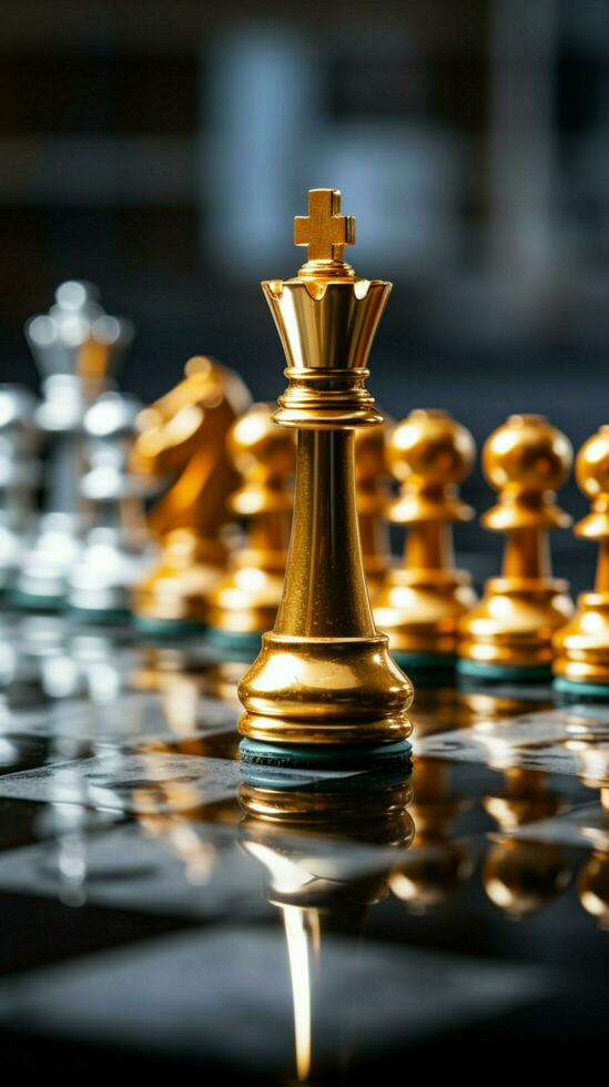 Gold and silver chess pieces grace the board, embodying business leadership metaphors Vertical Mobile Wallpaper AI Generated photo