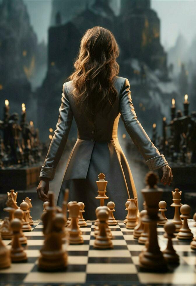 A chessboard becomes a businesswomans canvas, shaping her strategic mindset Vertical Mobile Wallpaper AI Generated photo