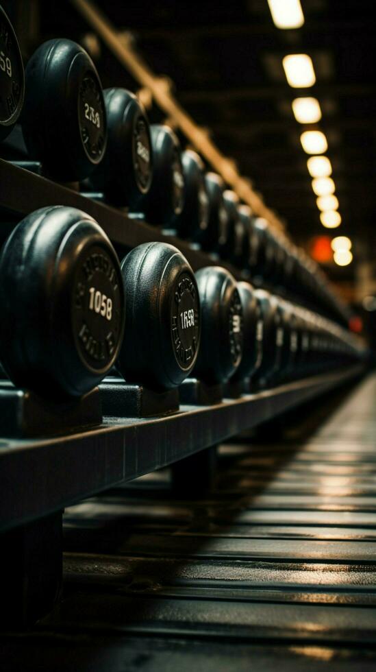 Neatly organized rows of dumbbells await gym goers for diverse weightlifting exercises Vertical Mobile Wallpaper AI Generated photo